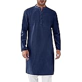Runcati Mens Kaftan Thobe Textured Henley Shirt Long Sleeve Robe Casual Muslim Gown Shirt