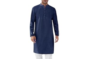 Runcati Mens Kaftan Thobe Textured Henley Shirt Long Sleeve Robe Casual Muslim Gown Shirt