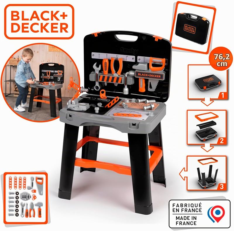 Smoby bancada de trabalho smoby black & decker em maleta, 33 acessórios para martelar, furar e aparafusar (7600360734)