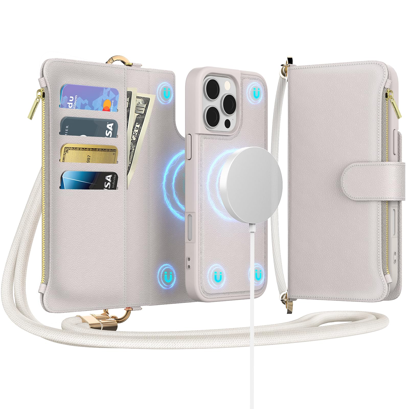EEIFO for iPhone 14 Pro Max(6.7 inches) Magnetic Wallet Case with Crossbody.Compatible with Magsafe Detachable Wallet Case with Card Holder.Multi-Function 2 in 1 flip Shoulder Strap with Zipper Case