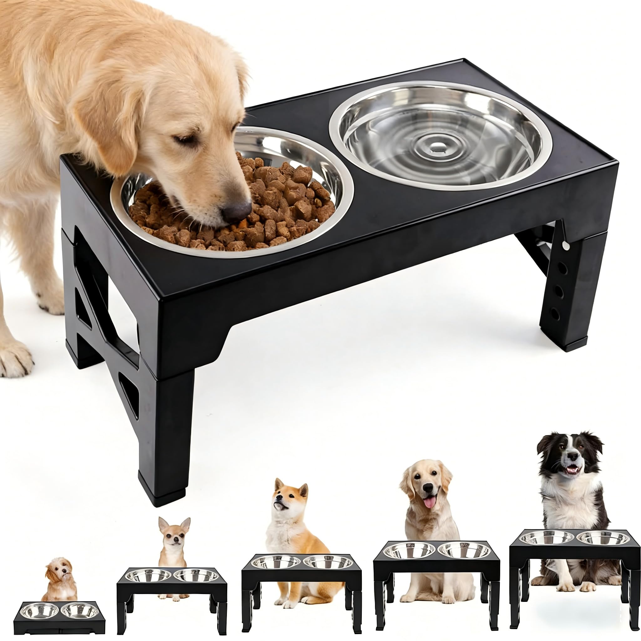 Dog Bowl Raised Dog Bowls Height Adjustable with 5 Heights Dog Bowl Stand with 2 Dog Bowls Stainless Steel Feeding Bowl for Large, Medium and Small Cats and Dogs Black