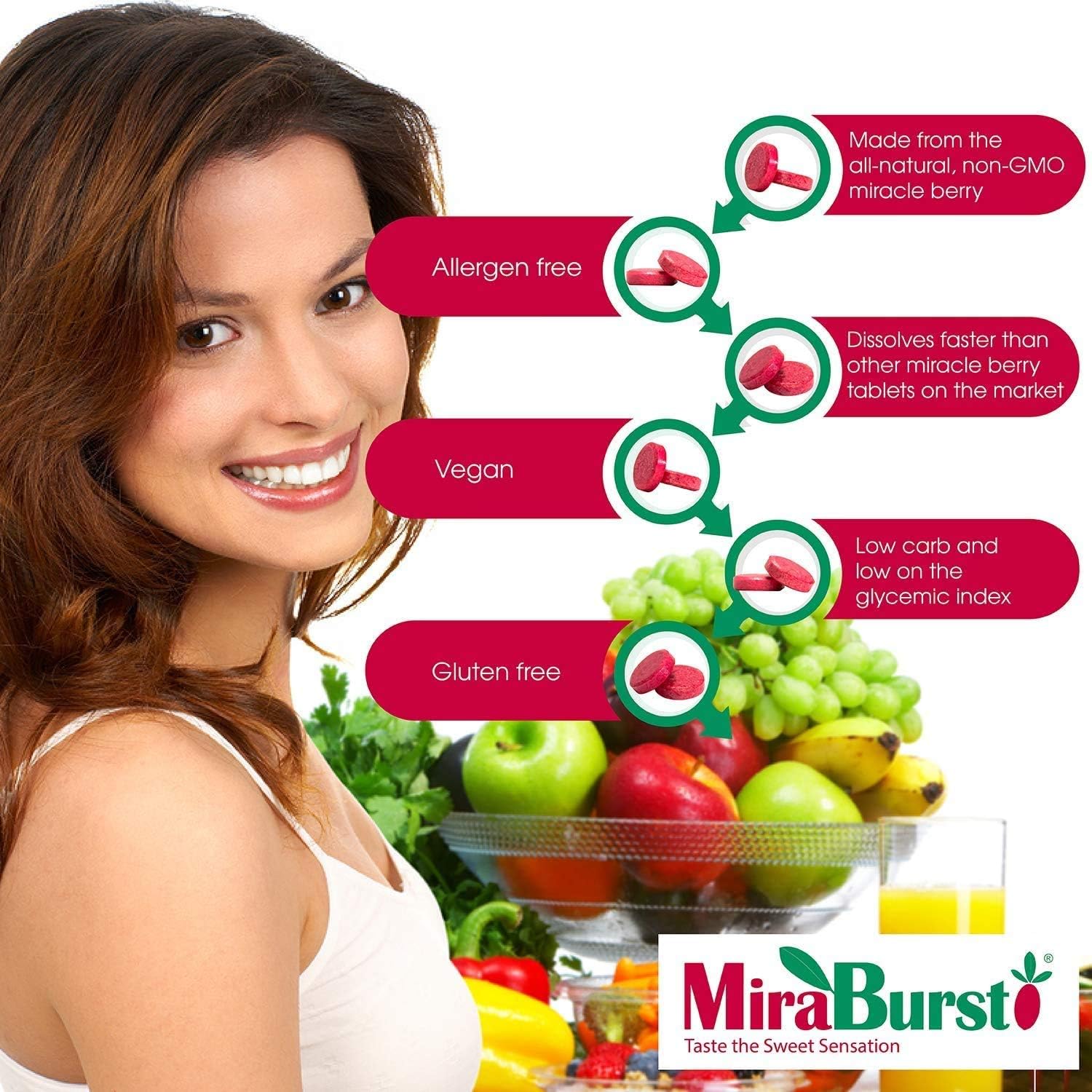 MiraBurst Taste Enhancing Miracle Berry Tablets (10 Count), Produced from 100% Pure Miracle Fruit Powder, No Additives, No Preservatives, Non-GMO, Vegan, Turns Sour and Acidic Food and Drinks Sweet: Health & Personal Care