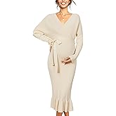 OUGES 2025 Maternity Sweater Nursing Dress for Photoshoot Baby Shower Wedding Guest Outfits Fishtail Ribbed Knit Clothes