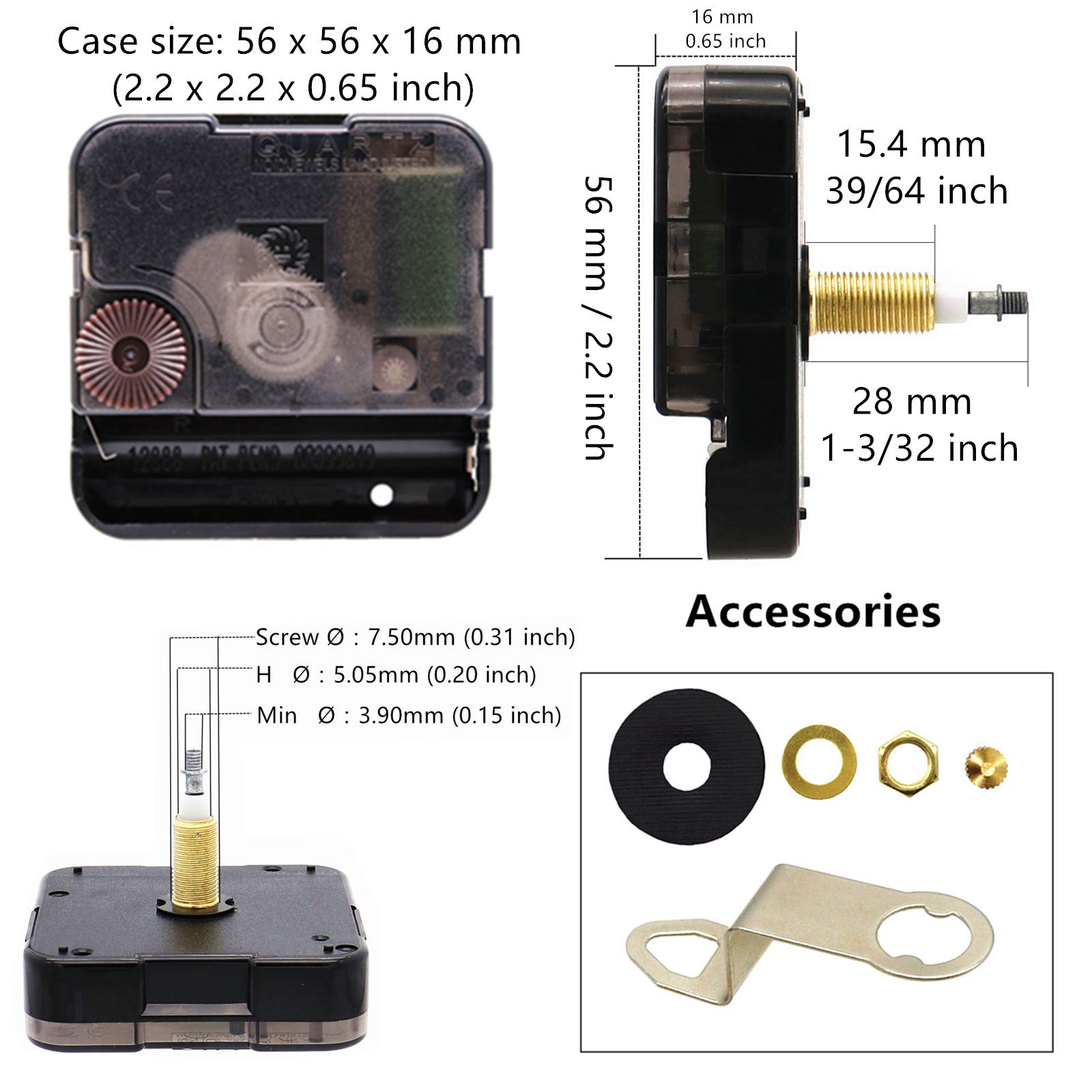 TIKROUND Youngtown 12888 High Torque Long Shaft Clock Movement Mechanism with 4 Sets Hands Total Shaft Length 1-3/32 inch.