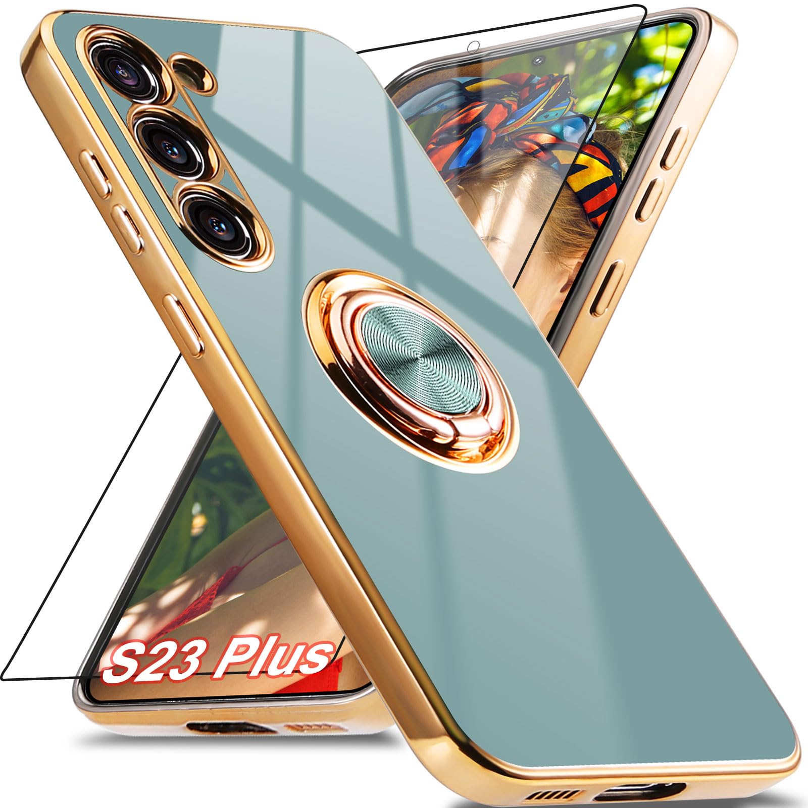 Photo 1 of Aitipy for Samsung Galaxy S23 Plus Case with 1 Screen Protector, Built-in 360° Rotation Ring Holder Magnetic Stand, Luxury Plating Edge Shockproof Electroplated Protective Cover (Gray/Golden)