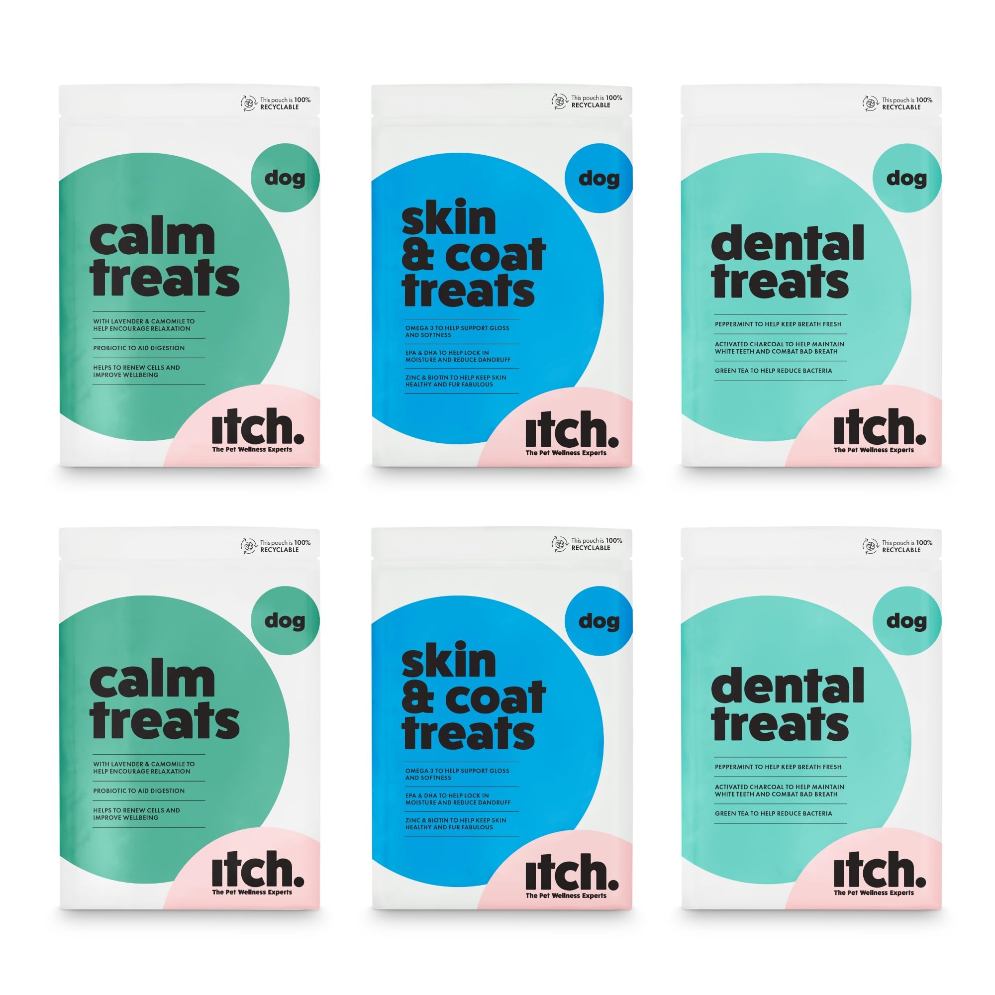 Itch - Healthy Pet Treats for Dogs - Taster Variety Multipack - Contains 2x Skin & Coat, Calming and Dental Treats - Grain Free - Pack of 6