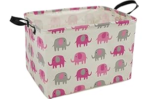 HUAYEE Elephant Print Rectangular Storage Bin Shelf Basket Canvas Fabric Toy Box,Waterproof Coating Nursery Hamper with Handles,Gift Basket for Home,Office,Clothes,Books(pink grey elephant)