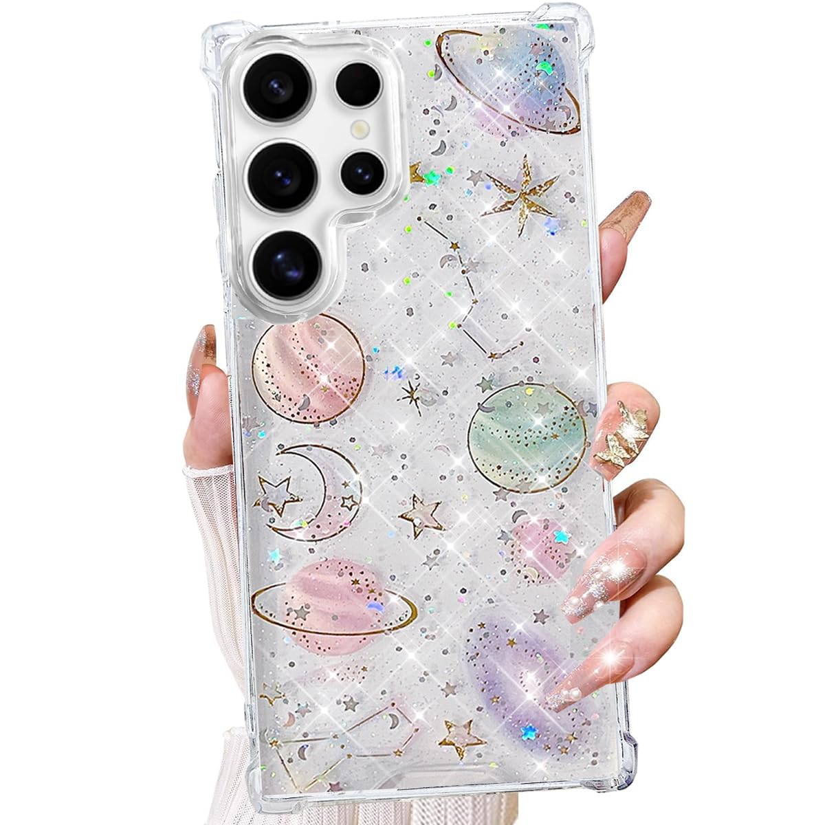 Changjia for Samsung Galaxy S26 Ultra Clear Glitter Case,Cute Bling Sparkle Planet Space Stars Moon Universe Pattern Soft TPU Silicone Shockproof Women Girls Protective Case for Galaxy S26 Ultra,Clear