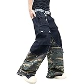 DFGIGT Mens Goth Baggy Cargo Jeans with Pockets Steampunk Patchwork Embroidery Wide Leg Denim Pants