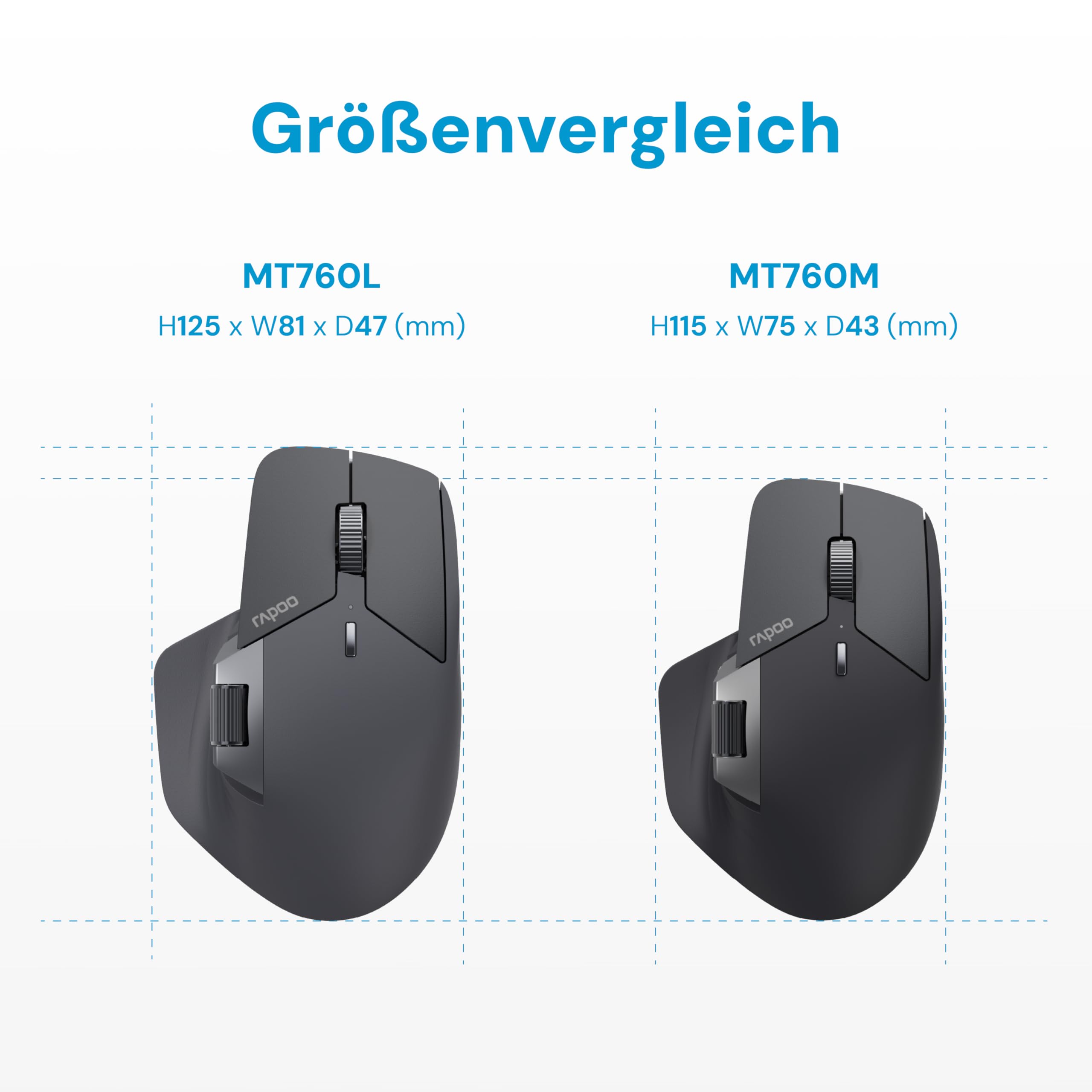 Rapoo MT760L wireless Mouse silent - USB Wireless 2.4G und Bluetooth Maus kabellos, bis 4000 DPI, leiser klick, Multi Device, Daumenscrollrad, Akku, für PC, Mac, grau-schwarz 7