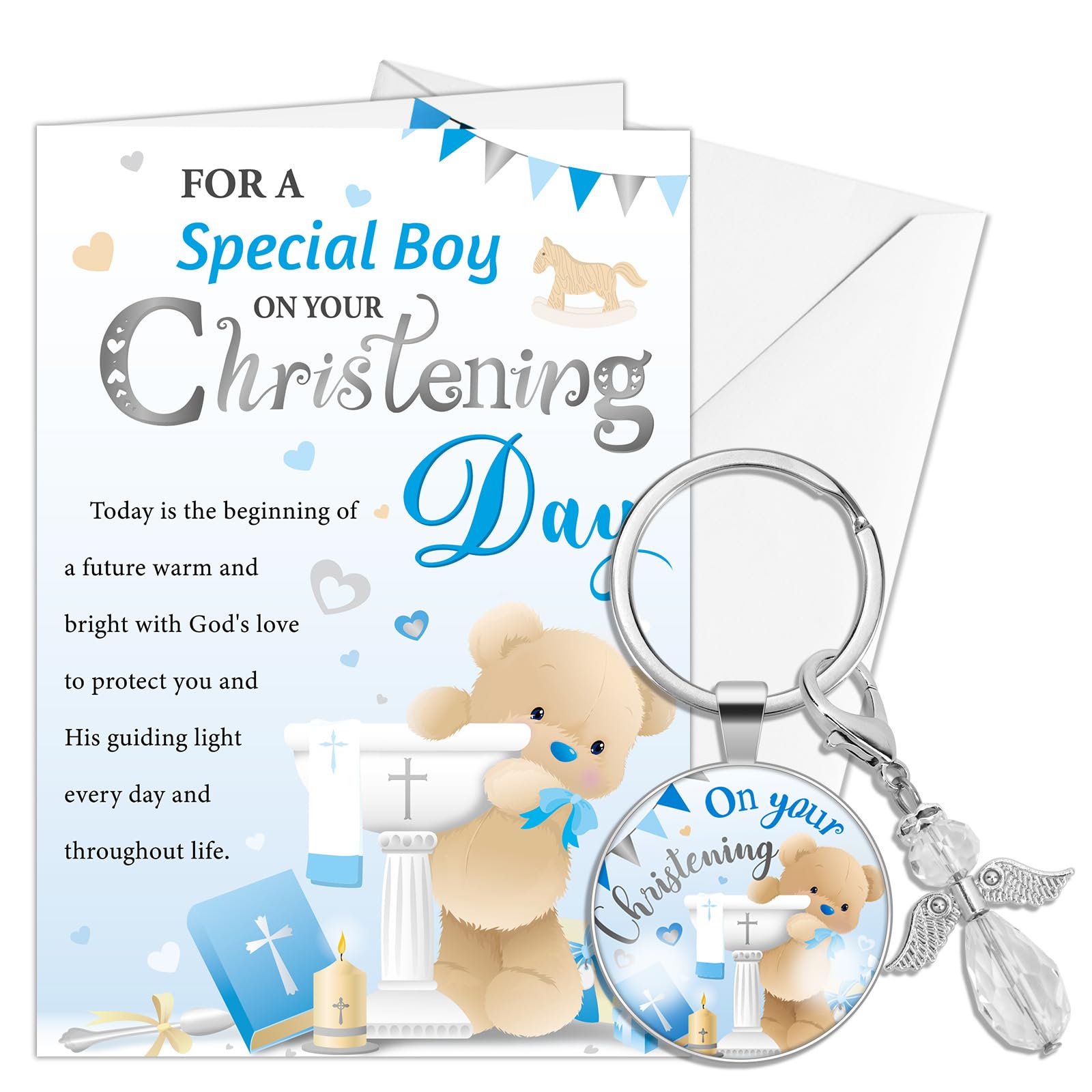 HOWAF Christening Cards for Boys, Godson Christening Card for Special Boy with Christening Keyring, Unique Christening Gifts for Boys, Christening Gift for Boy, Baby Christening Presents for Boys