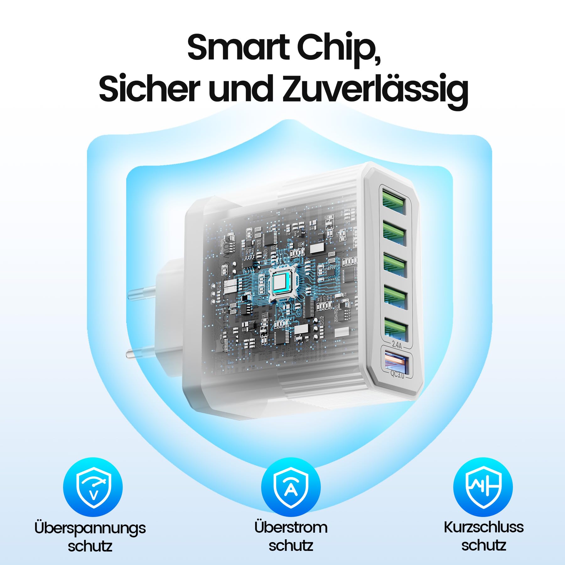 6-Port USB Ladegerät Mehrfach mit 120cm Netzkabel, 30W Steckdosenleiste mit USB, QC 3.0 Ladegerät Adapter für iPhone 16 15 14 13 12 11 Pro Max, iPad, Phone Steckdose Charger Netzstecker 4