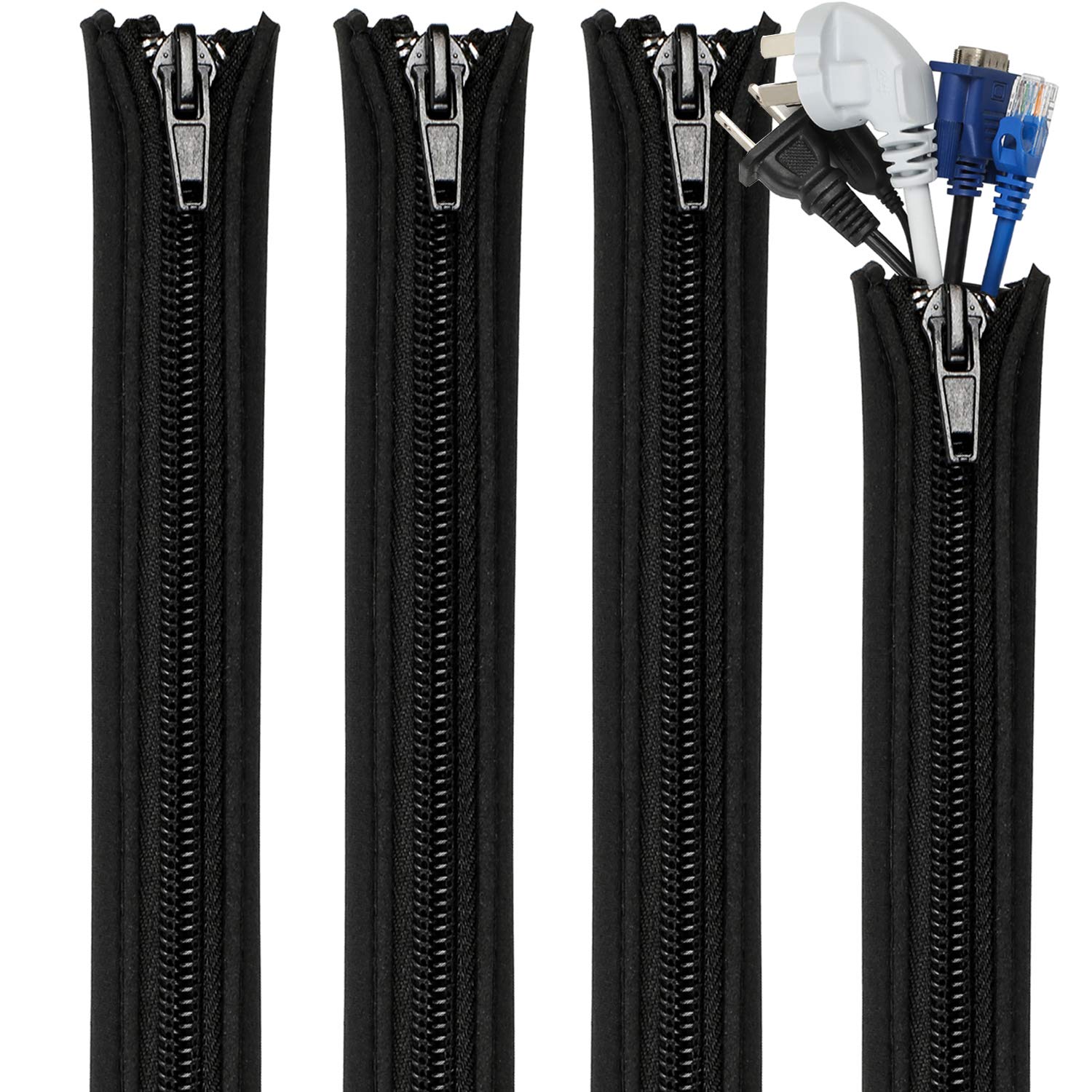Teskyer 4 Pack Cable Tidy Sleeve, Cable Sleeve with Zipper, Cable Management Sleeves for TV, Computer, Office, 20"/50cm Per Sleeve — image 1