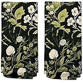 Sage Green Floral Plant Bathroom Hand Towels Set of 2 - Vintage Dark Cottagecore Botanical Patterned Hand Towels for Guest Bathroom, Retro Rustic French Farmhouse Dish Tea Towels for Kitchen Decor