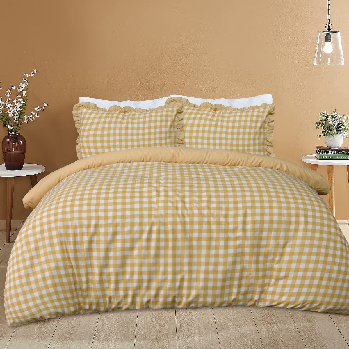 Sleepdown Gingham Check Mustard Plain Reverse Soft Easy Care Duvet Cover Quilt Bedding Set with Pillowcases -Super King (260cm x 220cm)
