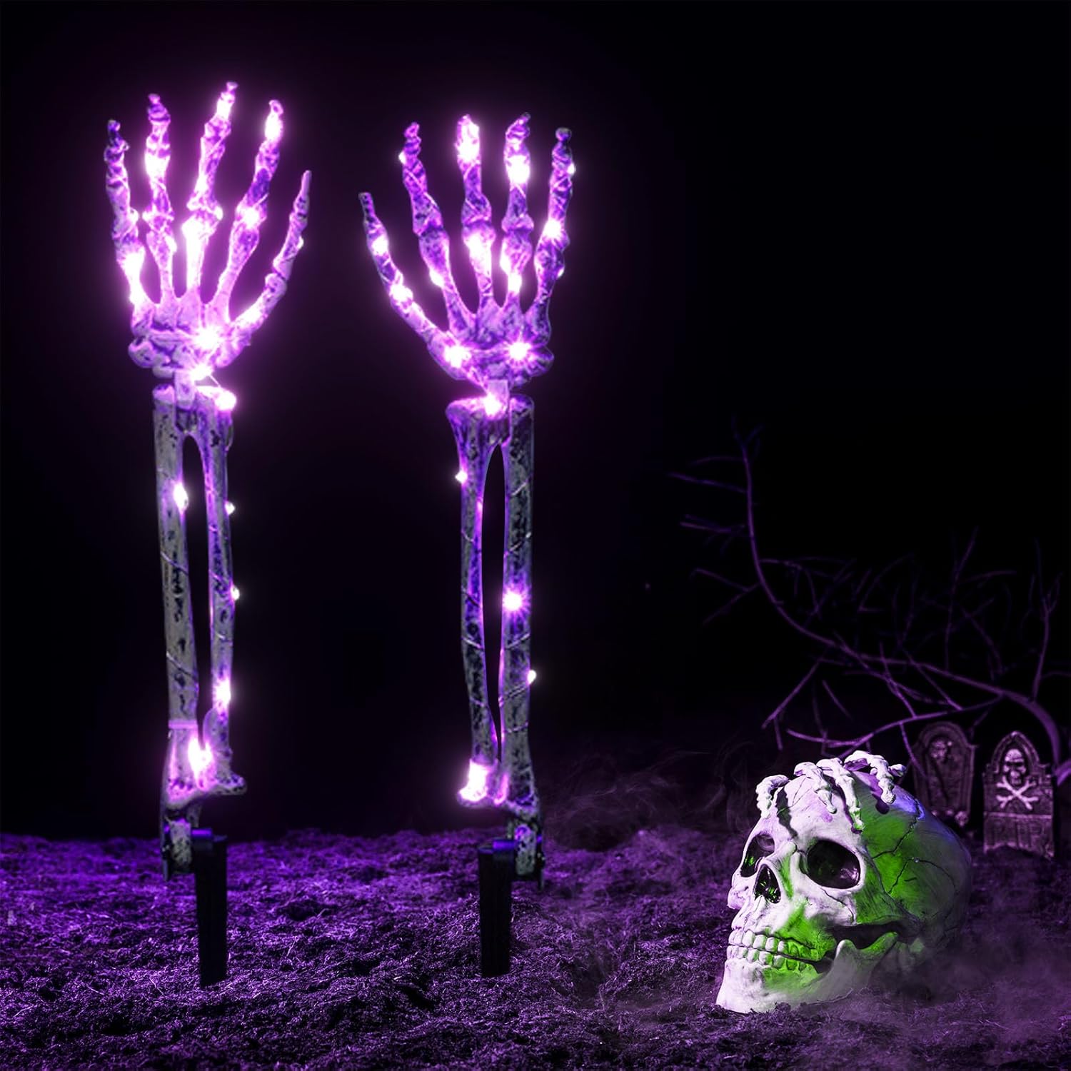 Outdoor Holiday Decorations - Halloween Decorations Lighted Skeleton Arm Stake for Halloween Decorations Outdoor 2Pack 48LED Skeleton Hands Scary Realistic Hands Bone Waterproof Battery Operated for Halloween Skeleton Décor Indoor