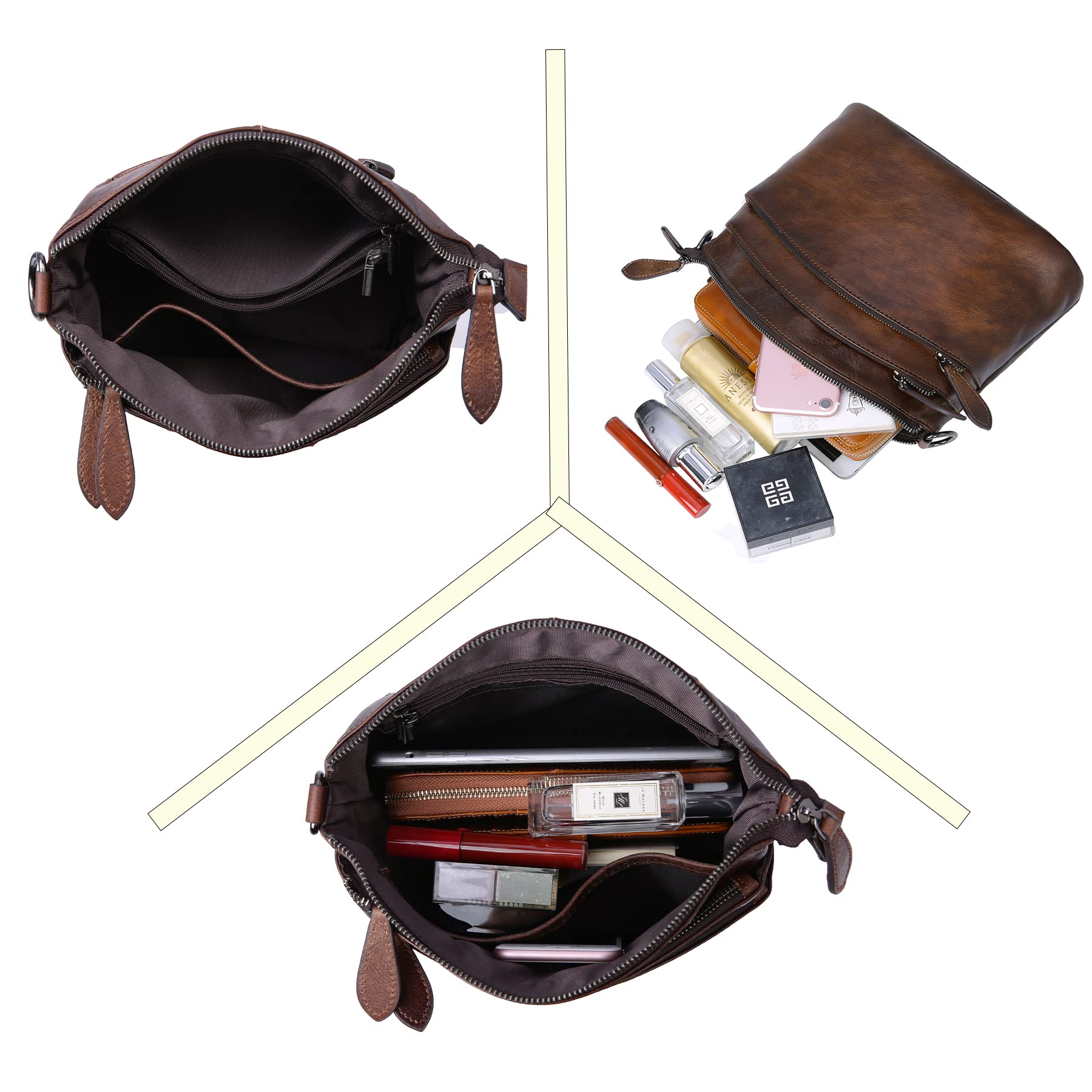 HESHE Crossbody Bags for Women Genuine Leather Purses with Multi-Pockets Vintage Ladies Small Shoulder Satchel Bag