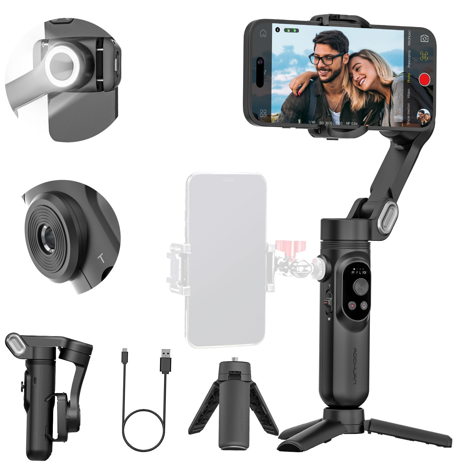 AOCHUAN 3-axis Phone Gimbal Stabilizer for iPhone 15/14/13 Pro Max Android w/Face Tracking,1/4"Threads,Built-in Fill Light, Portable Smartphone Gimbal Video Recording for TikTok,YouTube-Smart X Black