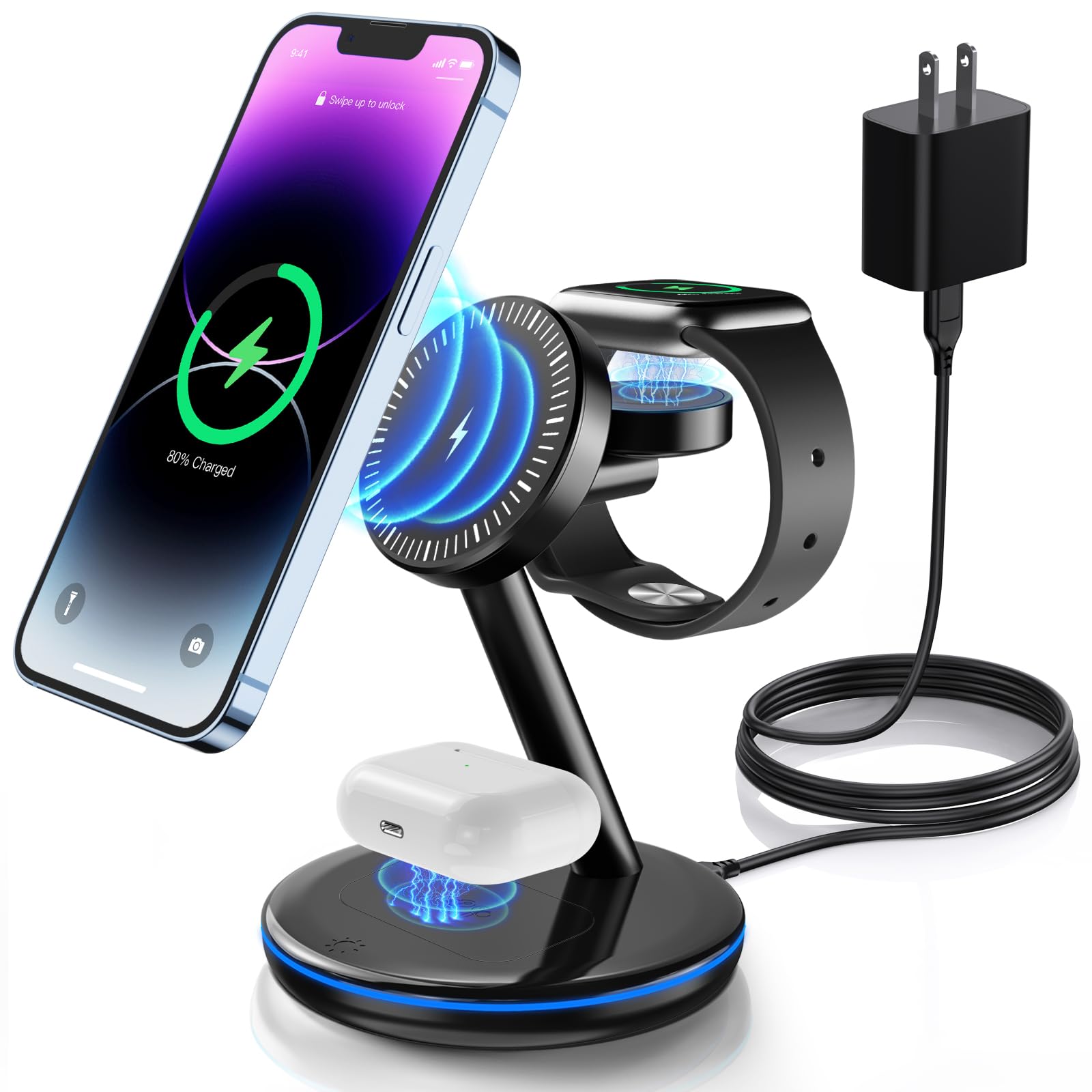 Photo 1 of 3 in 1 Charging Station for Apple Devices 18W Fast Mag-Safe Charger Stand Magnetic Wireless Charger Station for iPhone16 15 14 13 12 Pro/Pro Max/Plus/Mini AirPods 2/3/Pro iWatch Ultra/8/7/SE/6/5/4/3/2