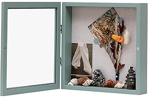 DEMAIKE 10x10 Shadow Box Frame with Linen Back, Wood Glass Display Case for Medals, Photos, Memorabilia, Awards - Pins Included- Light Green