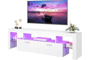 Clikuutory Modern Lighting 63 inch TV Stand with Large Storage Drawer for 50 55 60 65 70 75 Inch TVs, TV Console with 20 Color LED Lights, Entertainment Center Media and Open Shelf for Bedroom, White