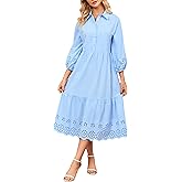 Ladyful Elegant Cotton Shirt Dress for Women Button Down 3/4 Sleeve Hollowed Out Eyelet Flowy Midi Maxi Dress