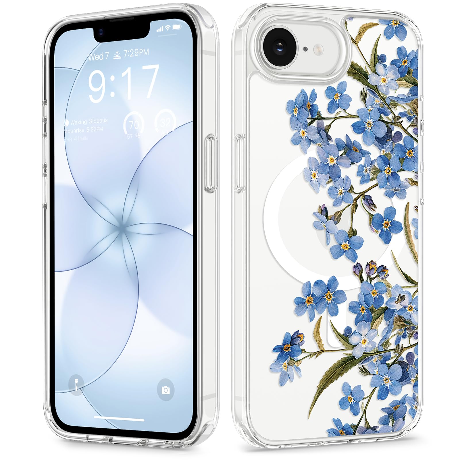 GVIEWIN for iPhone 17e Case & iPhone 16e Case, Compatible with MagSafe [Non-Yellowing][Military-Grade Protection] Hard PC&TPU Bumper, Floral Shockproof Protective Clear Phone Case (Aconite/Blue)