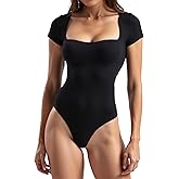 Sunvalix Women's Square Neck Short Sleeve Body Suits Sexy Shapewear Thong Bodysuit Going Out Shirts Tank Tops