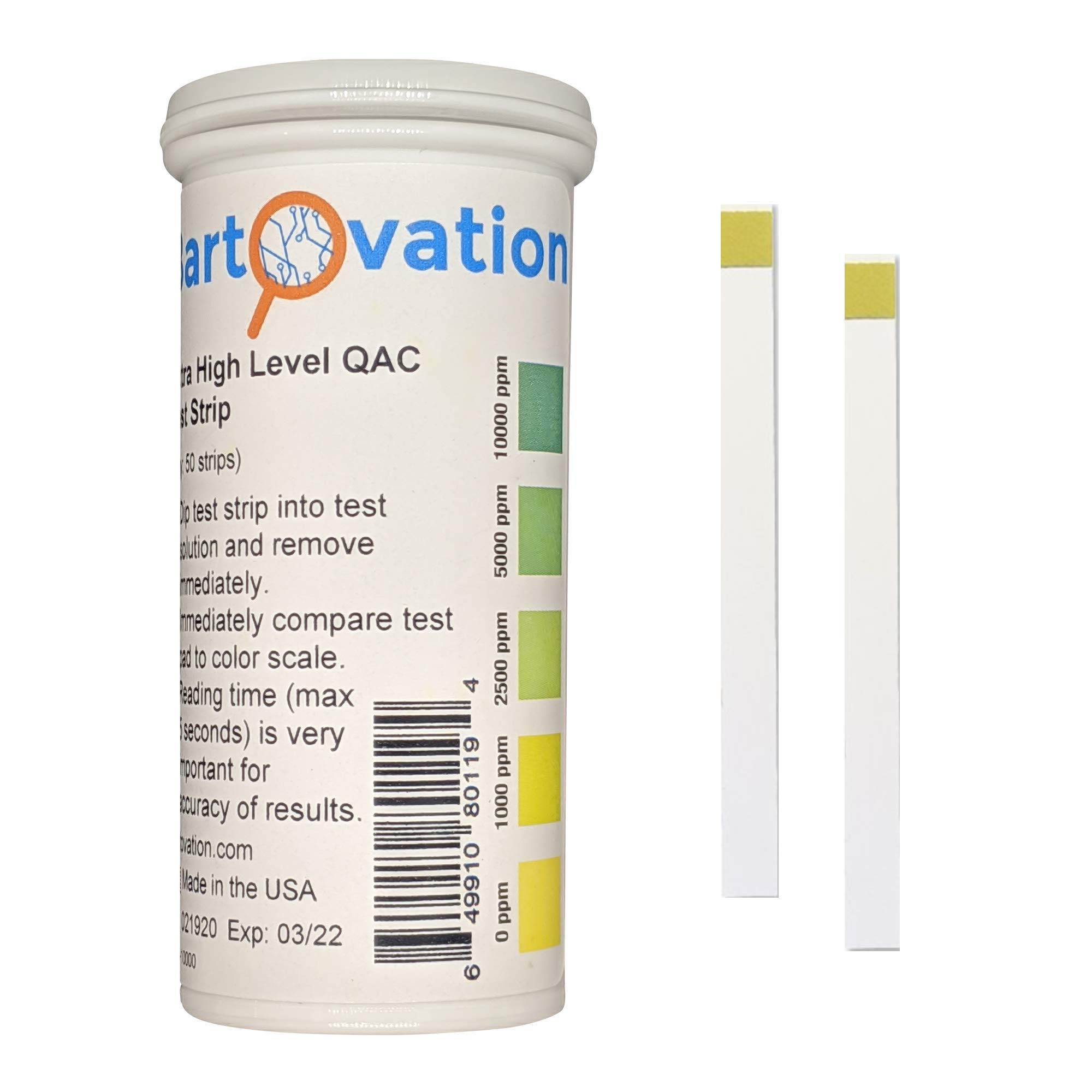 Very High Level Quaternary Ammonium (QAC, Multi Quat) Sanitizer Test Strips, 0-10,000 ppm [Vial of 50 Strips]
