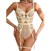 Kaei&amp;Shi Floral Embroidered, Underwire, Removable Garter, Thigh Straps, Backless Bodysuit