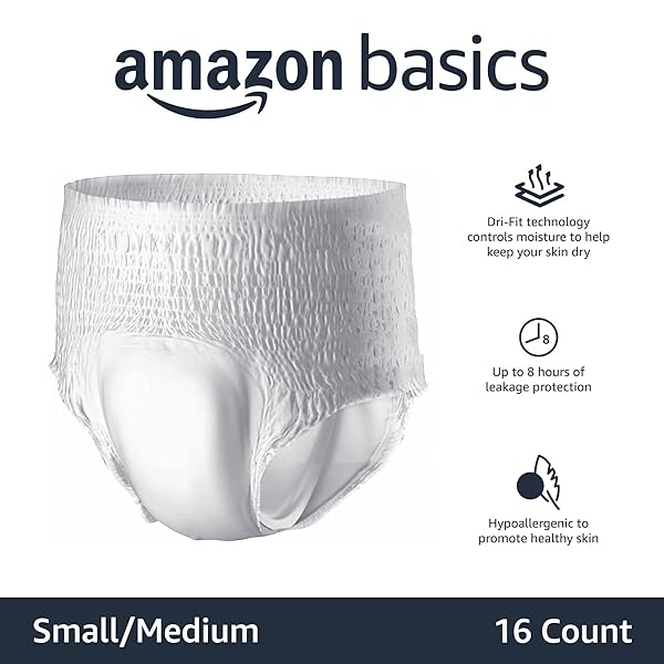 AMAZON BASICS UNISEX PROTECTIVE UNDERWEAR, OVERNIGHT ABSORBENCY, SMALL/MEDIUM, 16 COUNT, (1 PACK OF 16)