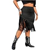 Floerns Women's Plus Size Elastic Waist Fringe Trim Western Cowgirl Midi Skirt