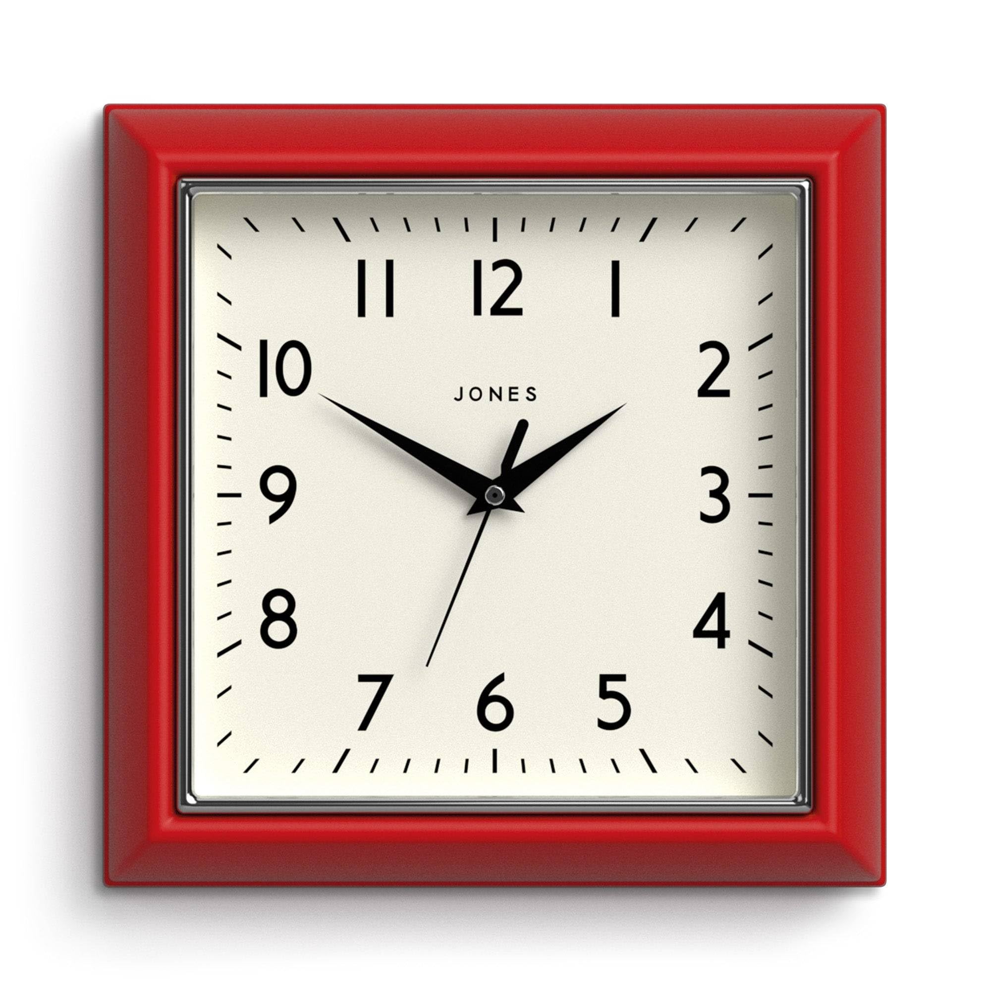 Jones Clocks® Mustard wall clock | Square retro clock | 25cm | Red | Easy to read numbers | Perfect for kitchen or office