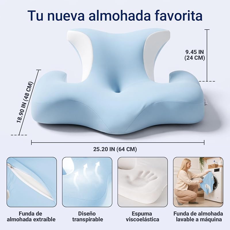 Almohada Cervicales y Cuello - Ergonómica para Dormir de Lado, Boca Arriba o Abajo, Espuma Viscoelástica, Diseño con Espacio para Orejas y Brazos, Funda Transpirable, 64×48×24 cm, Azul Cielo