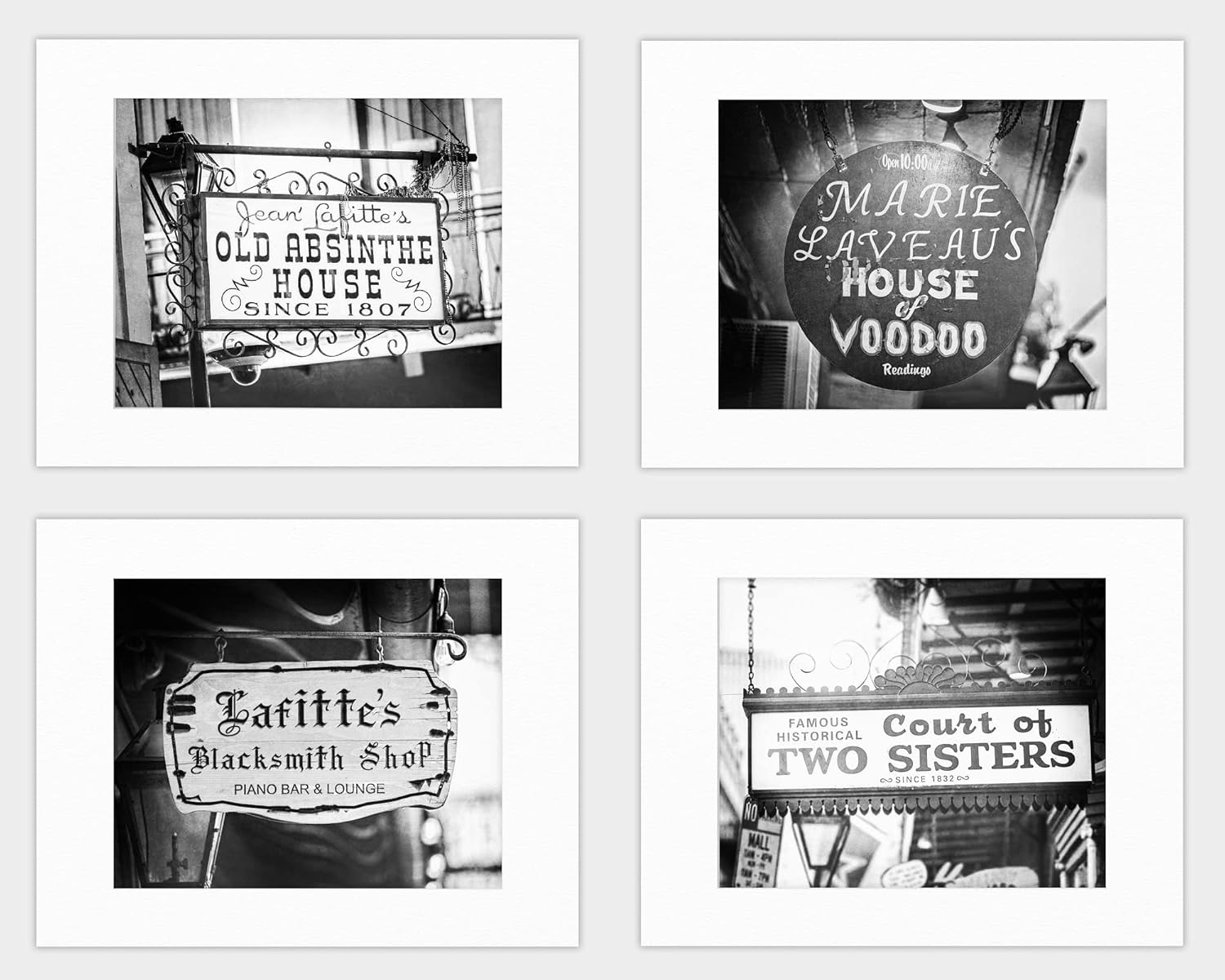 Photographs - LISA RUSSO FINE ART - New Orleans Bar Signs Set of 4 8x10” Black and White Prints with 11x14” White Mats - Unframed - Bourbon Street Pictures, NOLA, City Art for Office, Kitchen, Living Room Decor