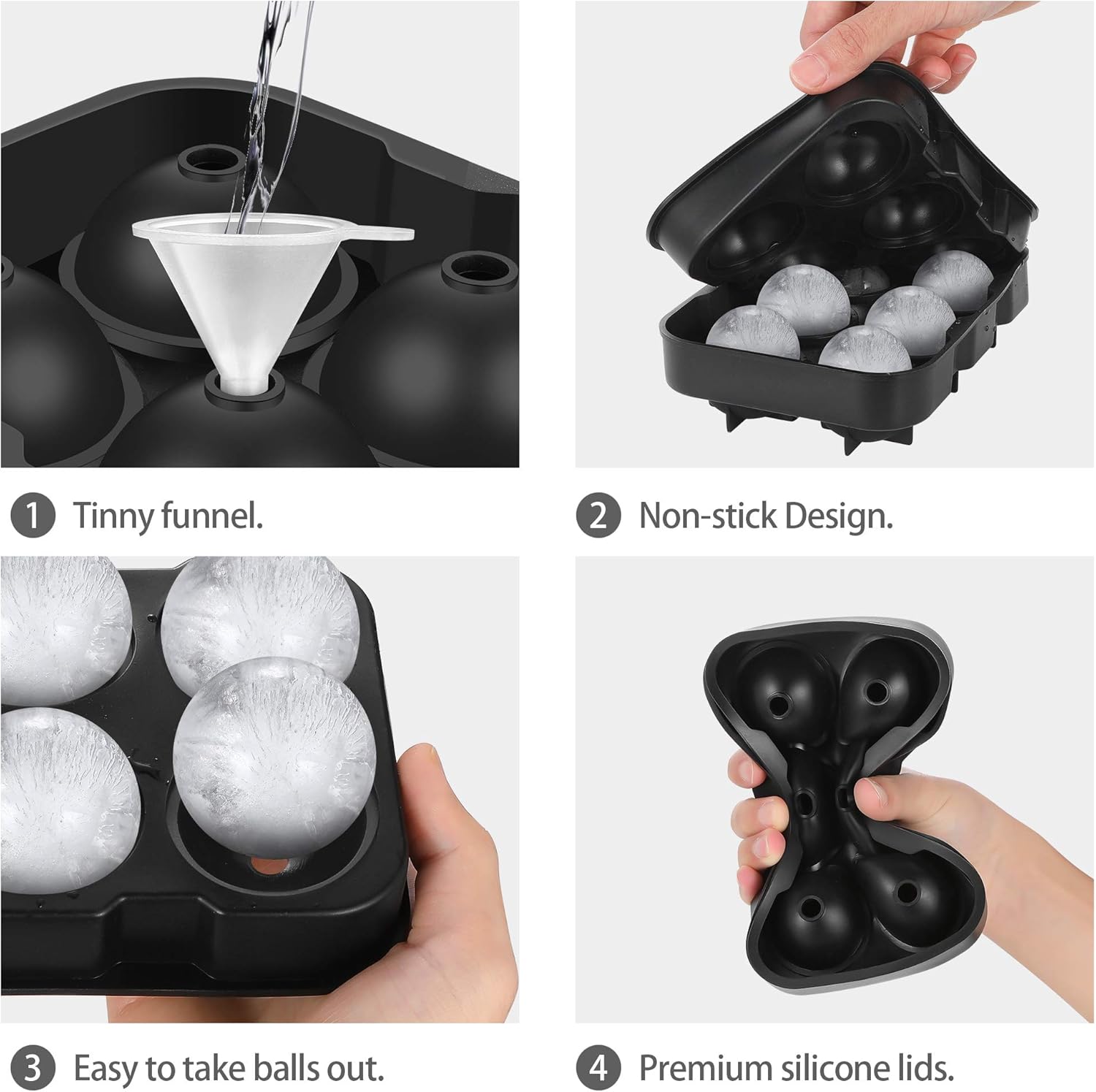 Ice Cube Tray, Silicone Ice Cube Molds for Freezer with Lid (Set of 4) - Sphere Ice Ball, Large Square, Diamond Cut & Hexagonal Shapes Ice Maker for Whiskey, Reusable and BPA Free: Kitchen & Dining