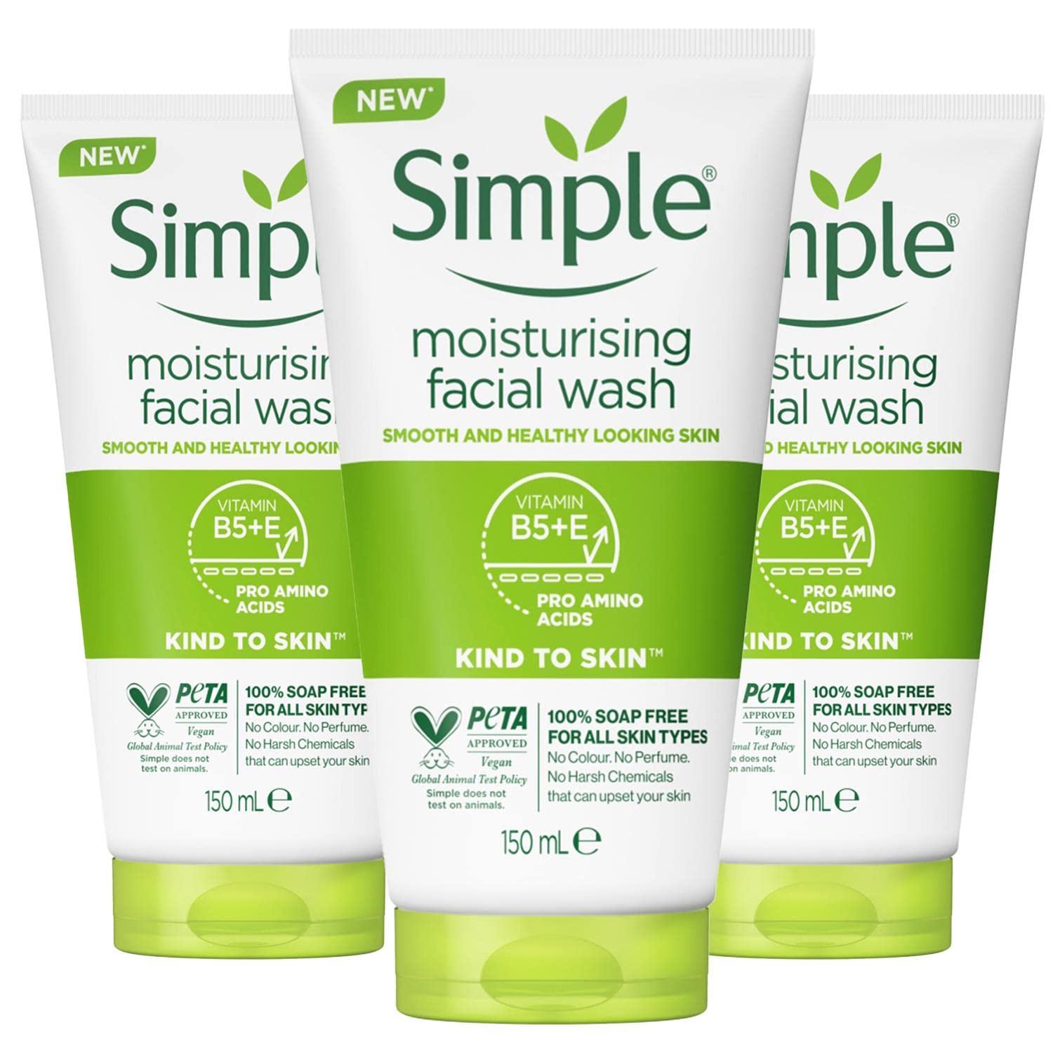 Simple Kind to Skin Moisturising Facial Wash, 100% Soap Free, Sensitive Skin, 150ml - Pack of 3