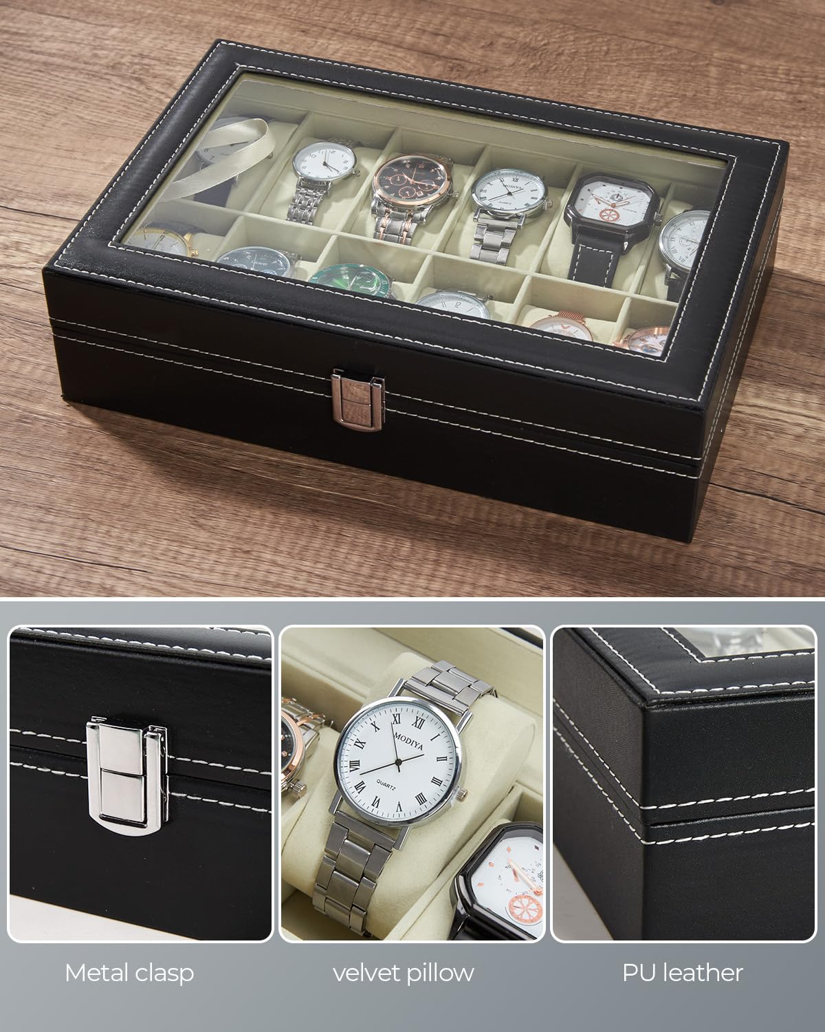 Ohuhu Watch Case 12 Slot PU Leather Real Glass Lid Watch Box Watch Holder Organizer Display Storage Box Soft Velvet Jewelry Box for Men and Women Birthday Fathers Day Valentine's Day Gifts
