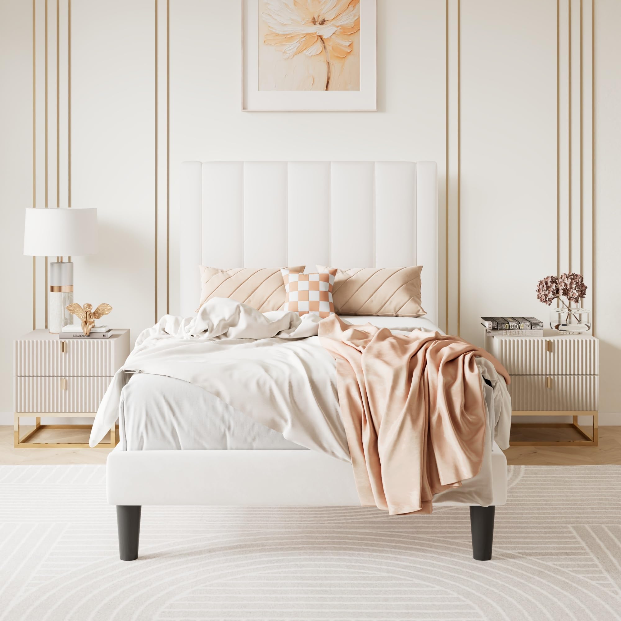 SHA CERLIN Twin Bed Frame/Velvet Upholstered Platform Bed Frame with Headboard/Strong Wood Slats Support/Mattress Foundation/No Box Spring Needed/Easy Assembly/White Image SHA CERLIN Twin Bed Frame/Velvet Upholstered Platform Bed Frame with Headboard/Strong Wood Slats Support/Mattress Foundation/No Box Spring Needed/Easy Assembly/White Image
