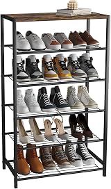 HOME BI 6-Tier Industrial Shoe Rack Metal Shelf with MDF Top Rustic Brown