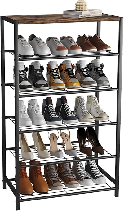 HOME BI 6-Tier Industrial Shoe Rack Metal Shelf with MDF Top Rustic Brown