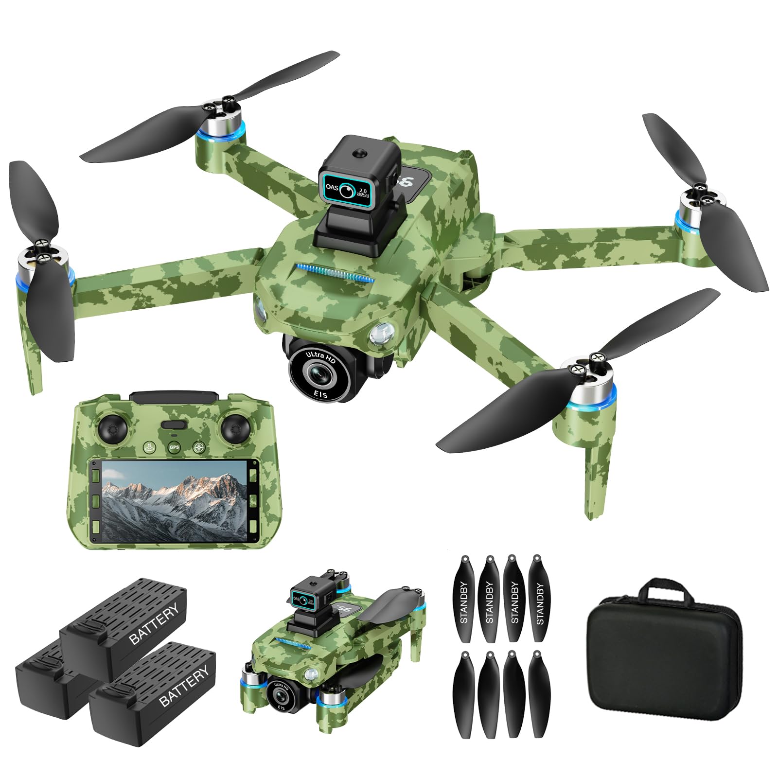 Drones for Adults, Drone for Beginners, GPS Drones 4K, 3 Batteries, 60 Mins Flight, Auto Return, Obstacle Avoidance, Drone with Screen on Controller, with Landing Pad (camouflage)