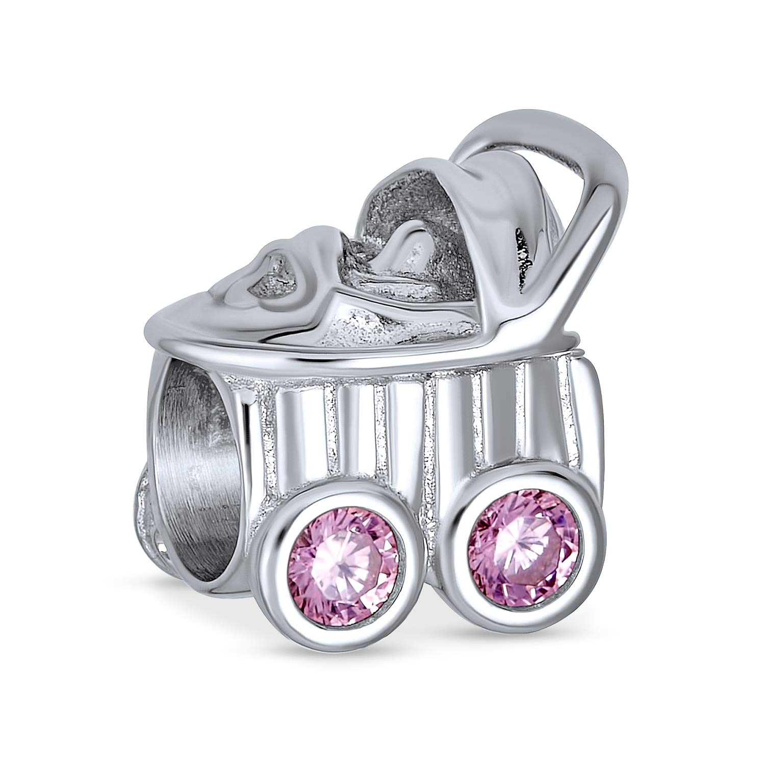 Bling Jewelry Gift For New Mother Pink CZ Stroller Carriage Charm Bead For Women .925 Sterling Silver For European Bracelet