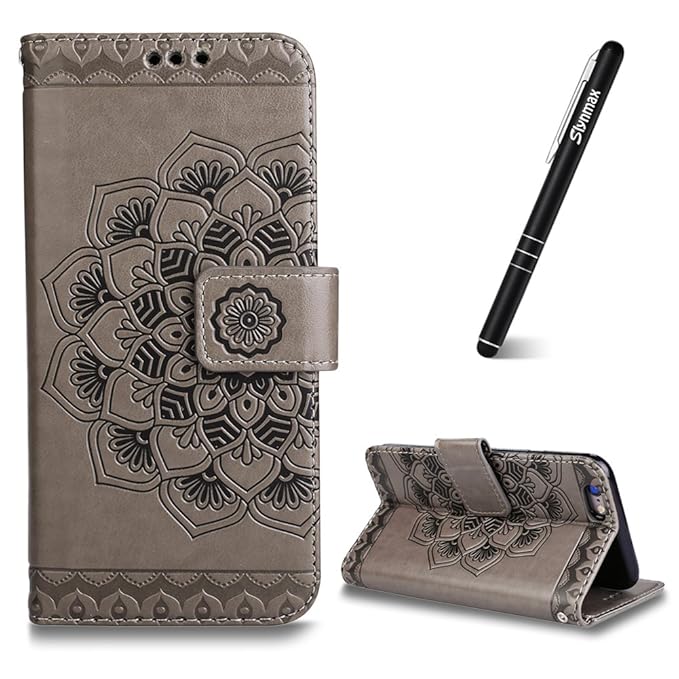 iPhone 5 Hülle Grau,iPhone 5S Handyhüllen Leder,Slynmax Dünn Schutzhülle Leder Datura Blumen Wallet Flip Case Cover Tasche PU