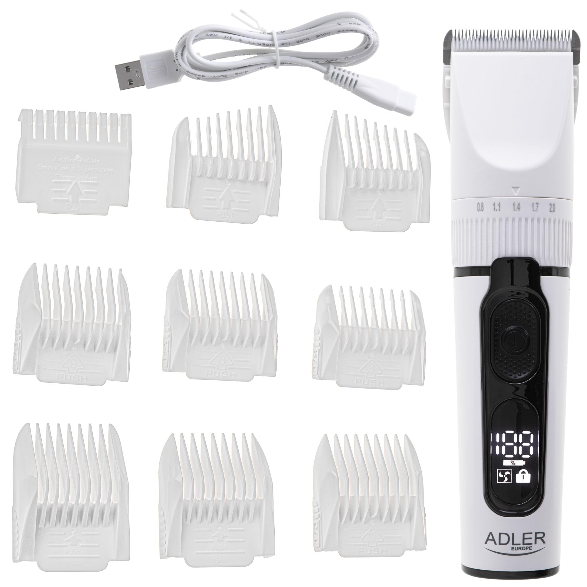 ADLER EUROPE AD 2839 Hair Trimmer - LED Display, IPX 6 Waterproof, 2000 mAh Battery, USB Charging, Titanium Head with Ceramic Blade, Turbo Mode, 6 Comb Attachments, Silver/Black