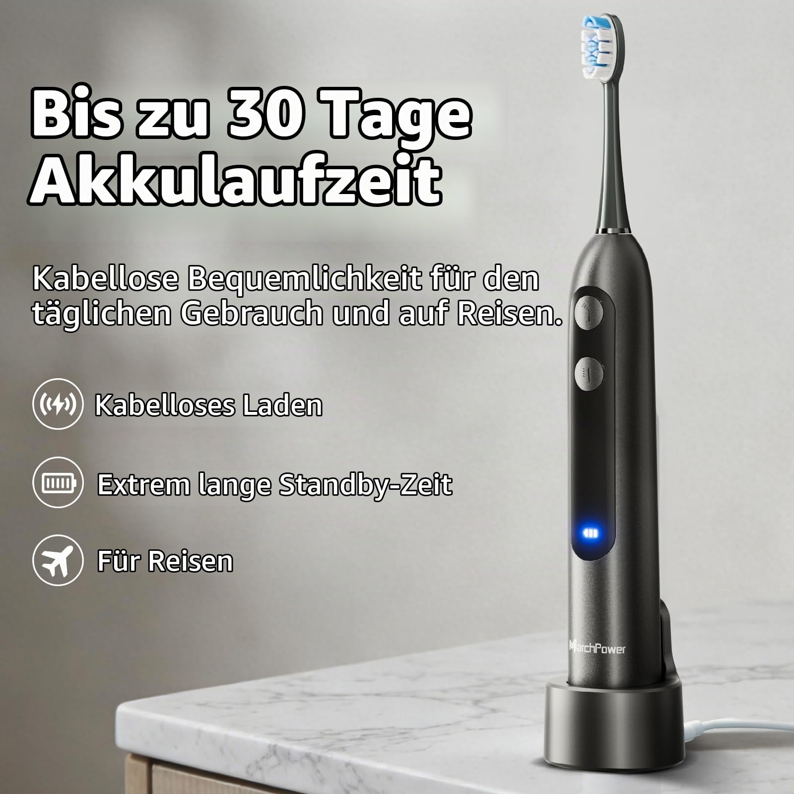Marchpower 3-in-1 Elektrische Zahnbürste mit Munddusche, Oszillation, Vibration & Wasserflosser, 3+4 Modi, Profi-Schallzahnbürste mit 155ml Magnet-Wassertank, IPX7 Kombigerät 2 Bürstenköpfe, Spacegrau 5