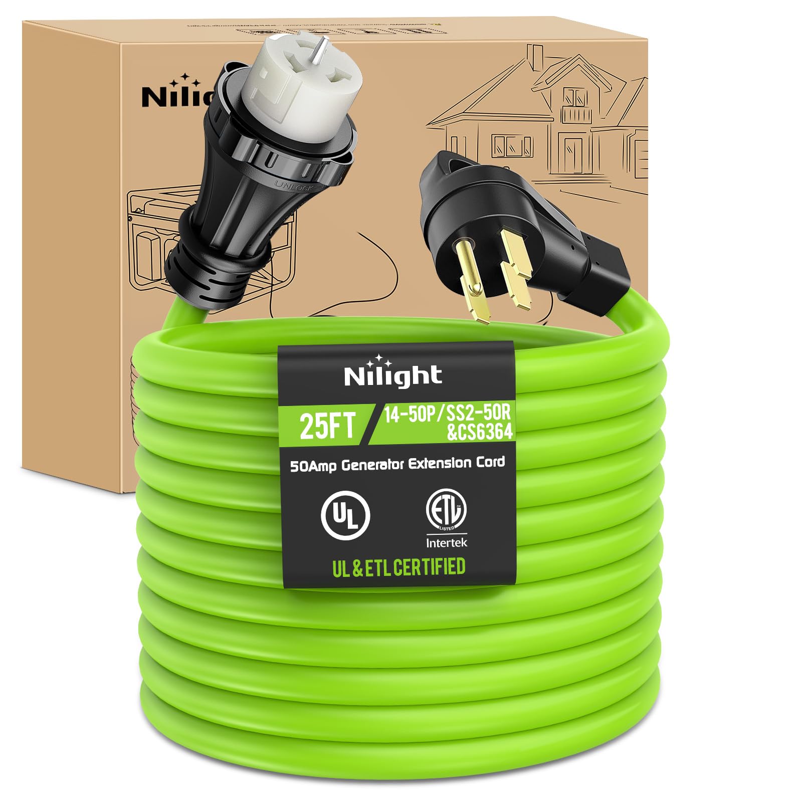 Nilight 25FT 50 Amp Generator Extension Cord 250V Heavy Duty 6/3+8/1 Gauge Pure Copper STW Wire ETL Listed 4 Prong 14-50P SS2-50R&CS6364 Suit for RV Camper Outdoor Use Bright Green Image