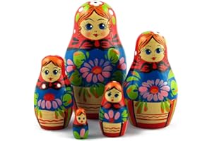 MATRYOSHKA&HANDICRAFT Nesting Dolls Classic Russian Ornament and Beautiful Chrysanthemum Set 5 pcs