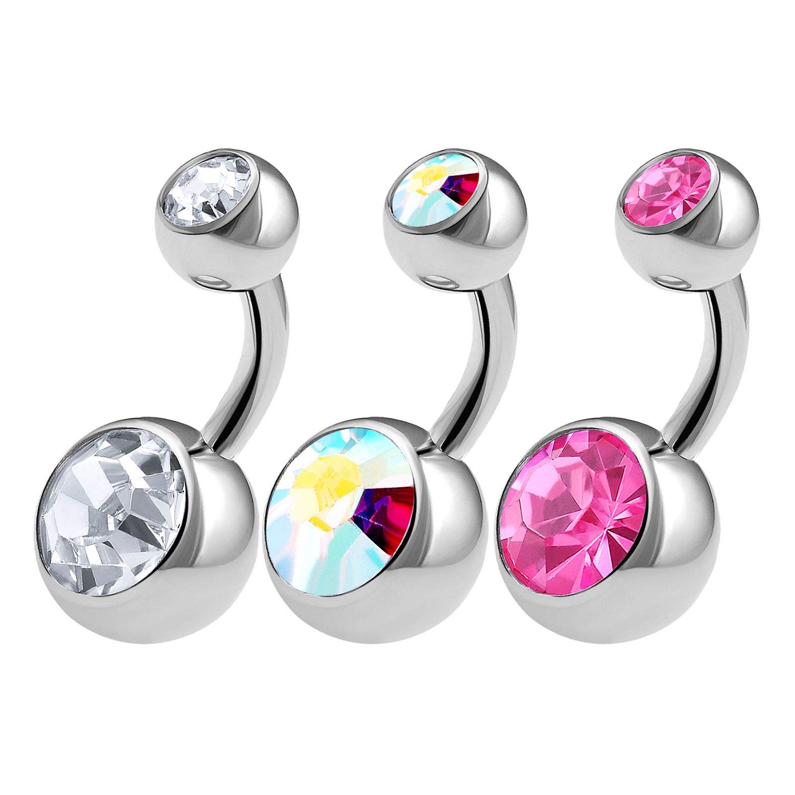 KJM FASHION Set of 3 Short 316L Surgical Steel 14 Gauge 1/4 6mm Clear AB Belly Bars