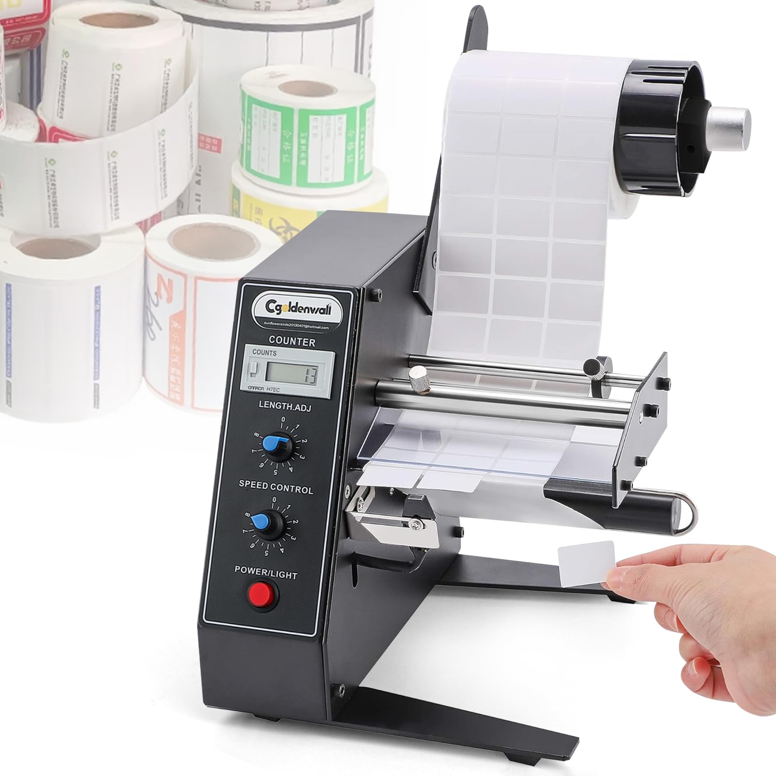CGOLDENWALL Automatic Label Dispenser with 0-999999 Automatic Counting, Speed and Length Adjustable Label Stripper, Width 4-140MM, Length 3-150MM, Label Dispensing Machine for Barcode & Safety Labels